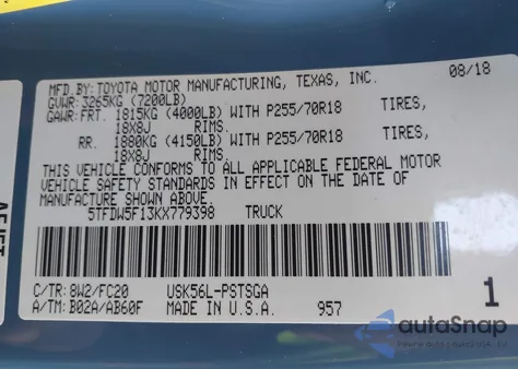 2019 Toyota Tundra Sr5 5.7L V8 from USA, damaged, VIN 5TFDW5F13KX779398